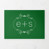 Lijst en initialen monogram smaragd groene bruilof drieluik uitnodiging (Cover)