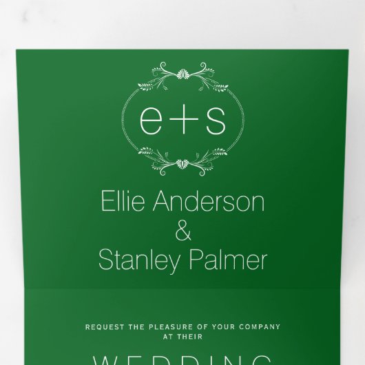 Lijst en initialen monogram smaragd groene bruilof drieluik uitnodiging (Binnenzijde eerst)