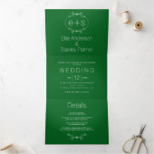 Lijst en initialen monogram smaragd groene bruilof drieluik uitnodiging (Binnen)