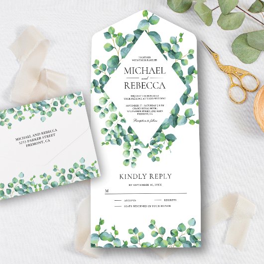 Lijst Eucalyptus Leaves Wedding Modern All In One Uitnodiging