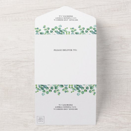 Lijst Eucalyptus Leaves Wedding Modern All In One Uitnodiging (Buitenkant)