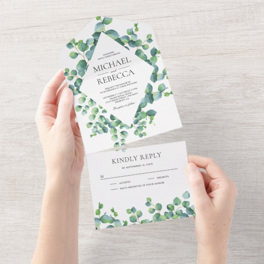 Lijst Eucalyptus Leaves Wedding Modern All In One Uitnodiging (Afscheurbaar)