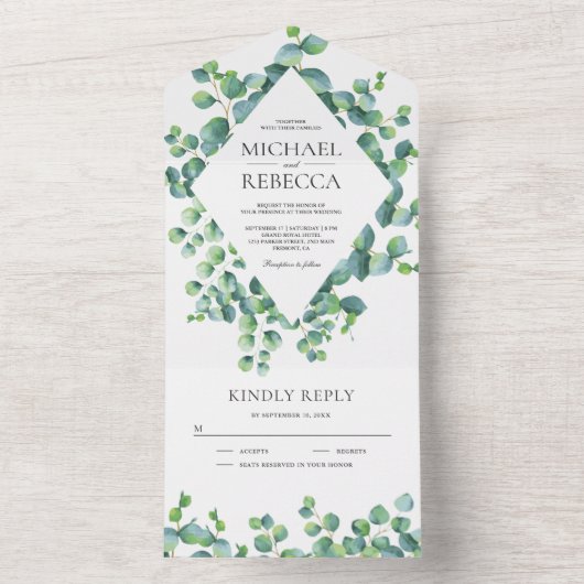 Lijst Eucalyptus Leaves Wedding Modern All In One Uitnodiging (Binnen)