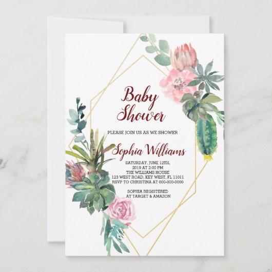 Lijst Gold Boho Cactus Baby shower Invitation Kaart (Voorkant)