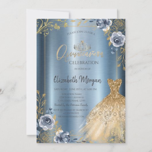 Lijst Gold Dress Blue Rozen Quinceañera Kaart (Voorkant)