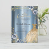 Lijst Gold Dress Blue Rozen Quinceañera Kaart (Staand voorkant)