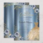 Lijst Gold Dress Blue Rozen Quinceañera Kaart (Voorkant / Achterkant)