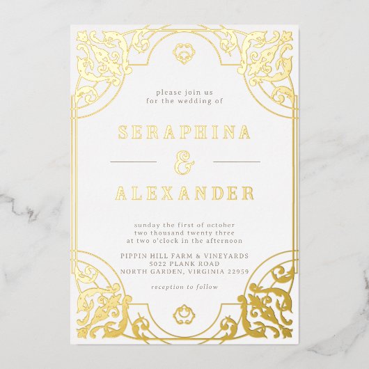   Lijst | Goud en wit huwelijk Folie Uitnodiging (Voorkant)