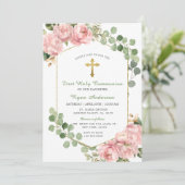 Lijst groen roze rozen eerste heilige communie kaart (Staand voorkant)