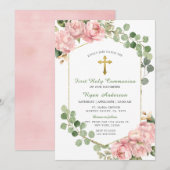 Lijst groen roze rozen eerste heilige communie kaart (Voorkant / Achterkant)