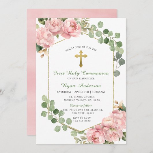 Lijst groen roze rozen eerste heilige communie kaart (Voorkant / Achterkant)