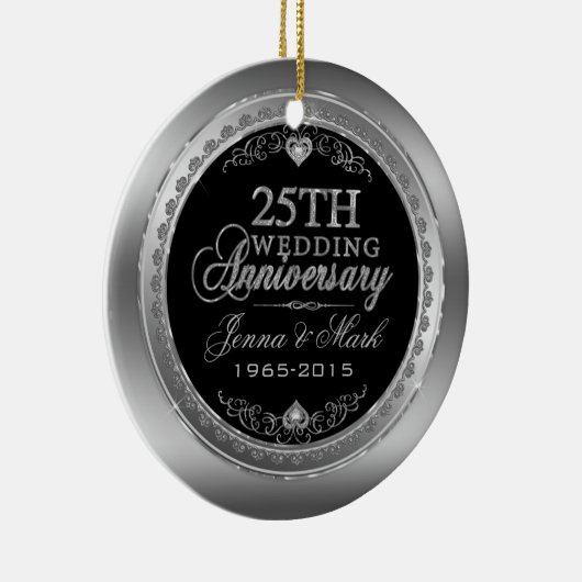 Lijst & Harten 25e bruiloft Jubileum Keramisch Ornament (Rechts)