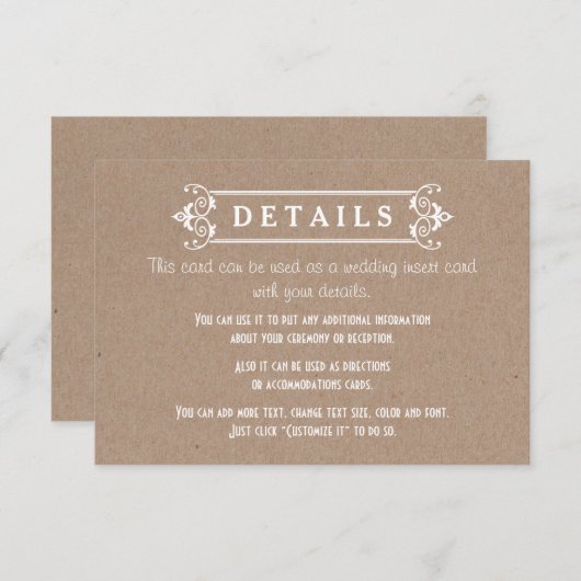 Lijst kraft karton papier bruiloft details invoege informatiekaartje (Voorkant / Achterkant)