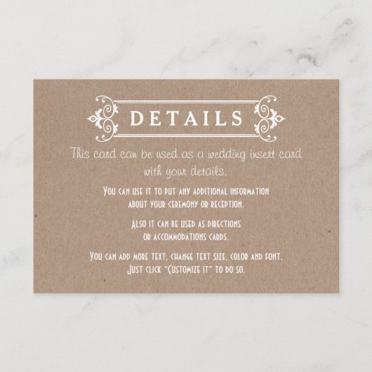 Lijst kraft karton papier bruiloft details invoege informatiekaartje (Voorkant)