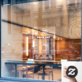 Lijst met bedrijfsprijzen, informatie en Logo Raamsticker (Cafe Raam)