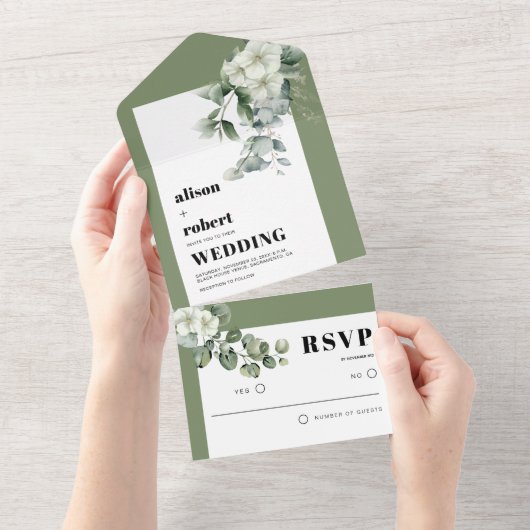 Lijst met eucalyptus en witte bloemen bruiloft all in one uitnodiging (Afscheurbaar)