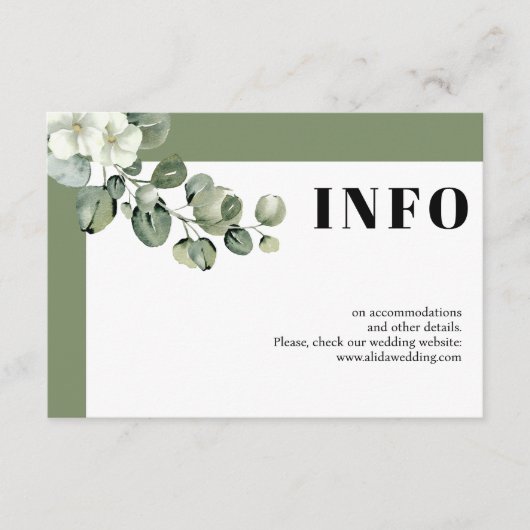 Lijst met eucalyptus en witte bloemen bruiloft informatiekaartje (Voorkant)