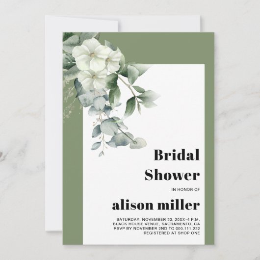 Lijst met eucalyptus, witte bloemen vrijgezellenfe kaart (Voorkant)