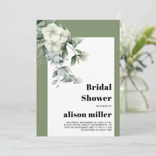 Lijst met eucalyptus, witte bloemen vrijgezellenfe kaart (Staand voorkant)