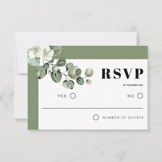 Lijst met eucalyptustak en bloemenbruiloft RSVP kaartje (Voorkant)