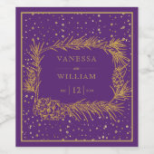 Lijst met gouden dennenappels, paarse kerstbruilof wijn etiket (Enkel label)