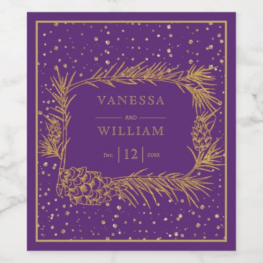 Lijst met gouden dennenappels, paarse kerstbruilof wijn etiket (Enkel label)