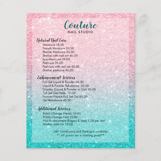 Lijst met het menu Roze en Turquoise Glitter Ombre (Voorkant)