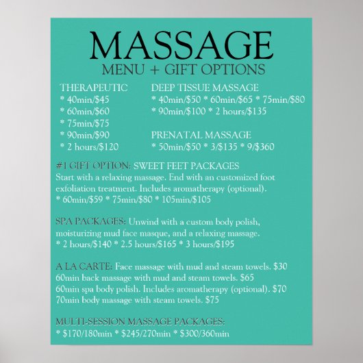 Lijst met menu BLUE massage Poster (Voorkant)