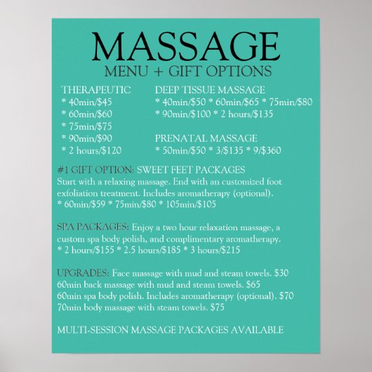 Lijst met menu BLUE massage Poster (Voorkant)
