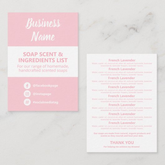 Lijst met oplosmiddelen voor zacht roze en witte z visitekaartje (Voorkant / Achterkant)