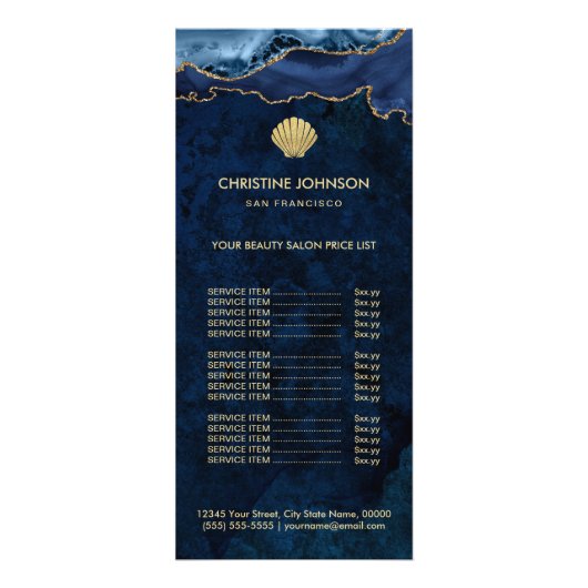 lijst met prijzen seashell - logo op blauw ontwerp reclamekaart (Voorkant)