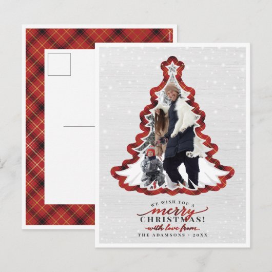 Lijst met rode plank en witte kerstboom Foto Feestdagenkaart (Voorkant / Achterkant)