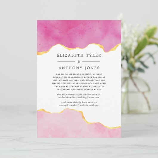 Lijst met roze en goudbont met minder bruiloft aankondiging (Staand voorkant)