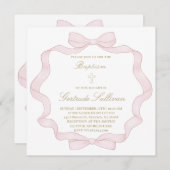 lijst met roze strik | uitnodiging tot doop (Voorkant / Achterkant)