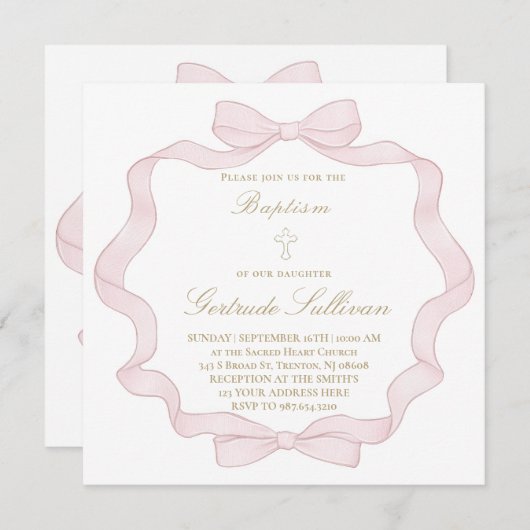 lijst met roze strik | uitnodiging tot doop (Voorkant / Achterkant)