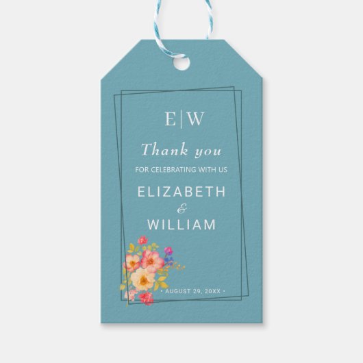 Lijst met rozen, Trouwstijl op retroblauw Cadeaulabel (Voorkant)