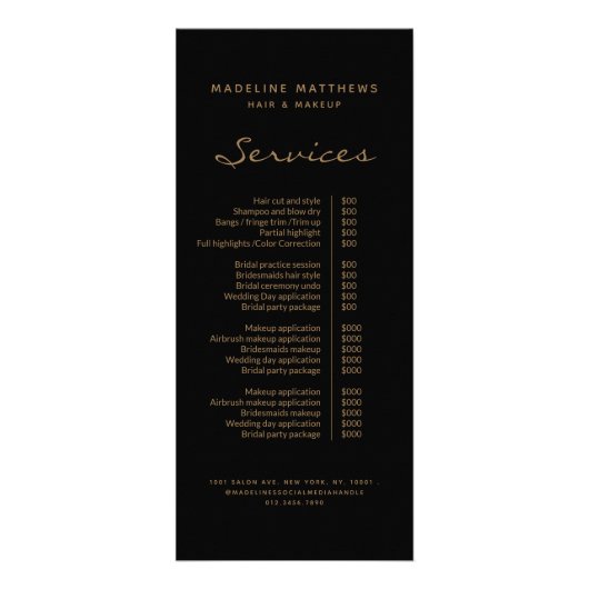 Lijst met serviceprijzen voor zwarte goudhaarlijst reclamekaart (Voorkant)