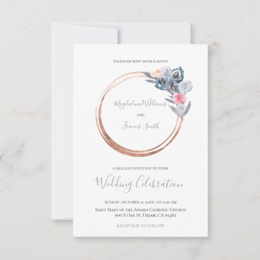 lijst met stoffige blauwe en roze rozen bruiloft kaart (Voorkant)