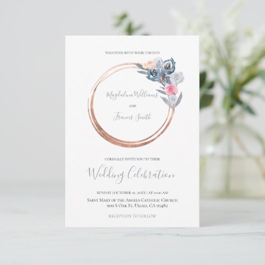 lijst met stoffige blauwe en roze rozen bruiloft kaart (Staand voorkant)