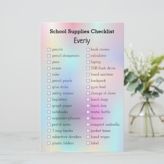 lijst met veeleisende holografische schoolbenodigd (Staand voorkant)