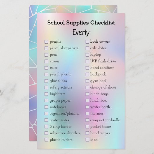 lijst met veeleisende holografische schoolbenodigd (Voorkant / Achterkant)