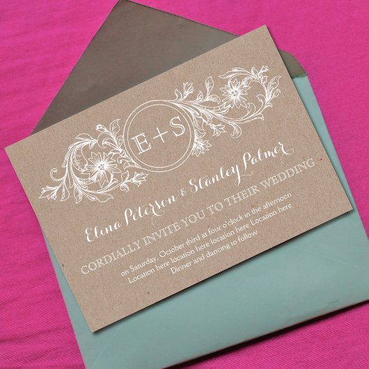 Lijst met witte flora, initialen kraft paper bruil kaart