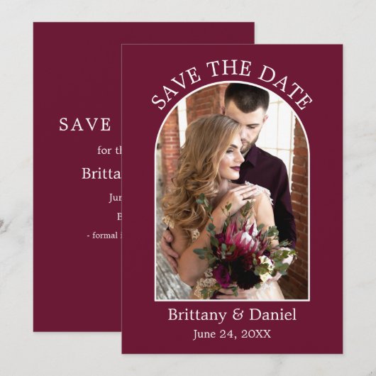 Lijst Moderne Arch Foto Burgundy Save The Date (Voorkant / Achterkant)