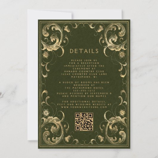 Lijst Olijfgroen Goud QR Code Huwelijk Kaart (Achterkant)