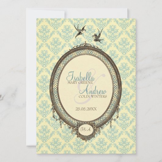  Lijst op Damask Pattern Wedding Invite Kaart (Voorkant)