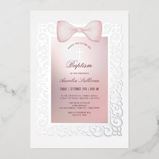 Lijst Roze strik doop Folie Uitnodiging (Voorkant)