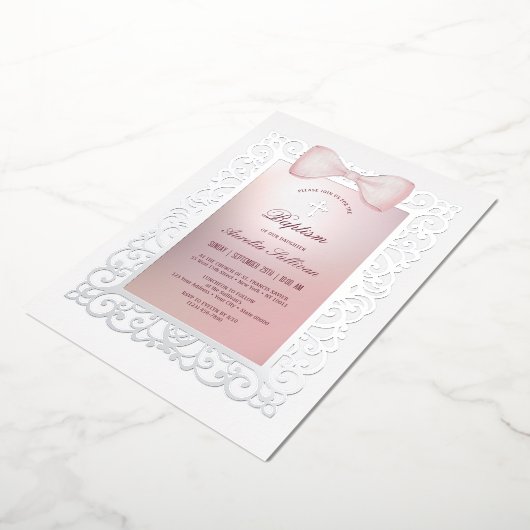 Lijst Roze strik doop Folie Uitnodiging (Gedraaid)