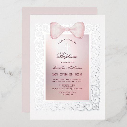 Lijst Roze strik doop Folie Uitnodiging (Voorkant / Achterkant)