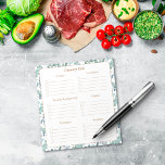 Lijst van boodschappenwinkels notitieblok<br><div class="desc">Dit Notitieblok van de Grocery Shopping List Planner is versierd met een blauwgroen blauw groen bladblad eucalyptusgrens. Elegant manuscripttypografie duidt secties voor elk deel van de opslag aan om uw het winkelen gemakkelijker en meer georganiseerd te maken. Hieronder vallen producten, diepgevroren en gekoelde producten, nietjes, zonnebanken, dranken en deli/bakkerij. Het...</div>