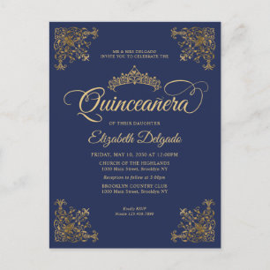  Lijst van de Navy Blue Gold Tiara Quinceanera Briefkaart
